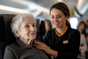 A caring air hostess provides comfort to an elderly passenger, emphasizing the importance of compassion, service, and kindness in the aviation sector during flights.