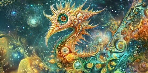 An abstract depiction of a colorful space creature exists within