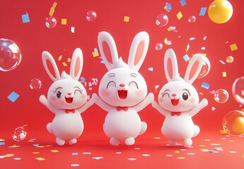 Obraz premium Three cheerful cartoon rabbits celebrating with confetti and bubbles on red background.
