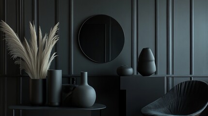 Dark moody interior with pampas grass, vases, and round mirror on dark wall.