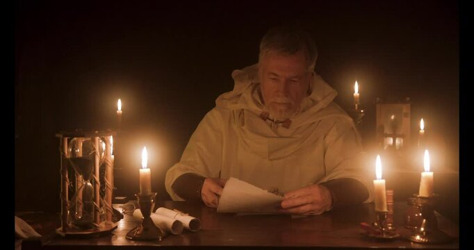 medieval scene of a man opening and writing in a scroll