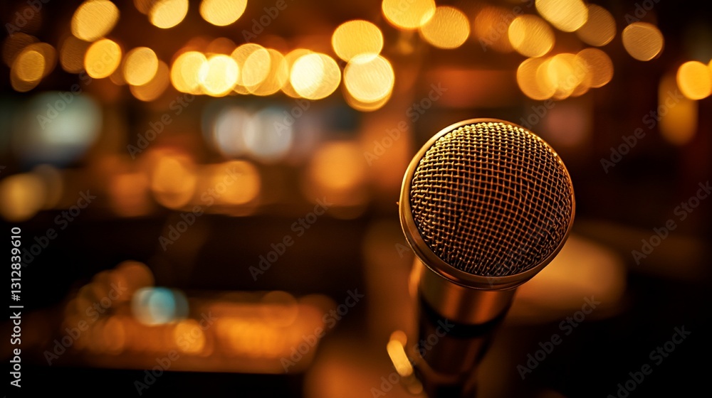 Poster close-up of a microphone on a stand in a dimly lit room with bokeh lights in the background.