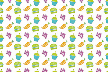 Seamless pattern of burgers, fruits, and vegetables on white background.