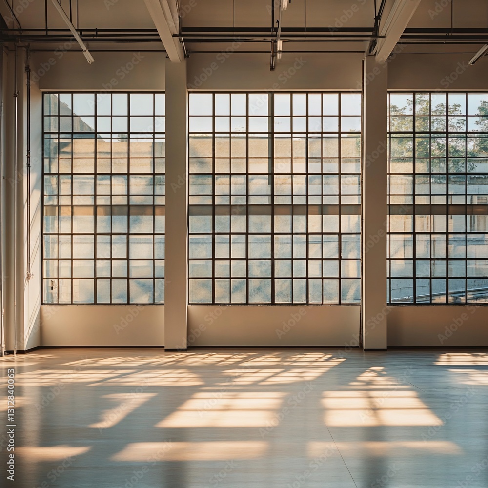 Poster sunlight streams through large industrial windows in an empty warehouse space.