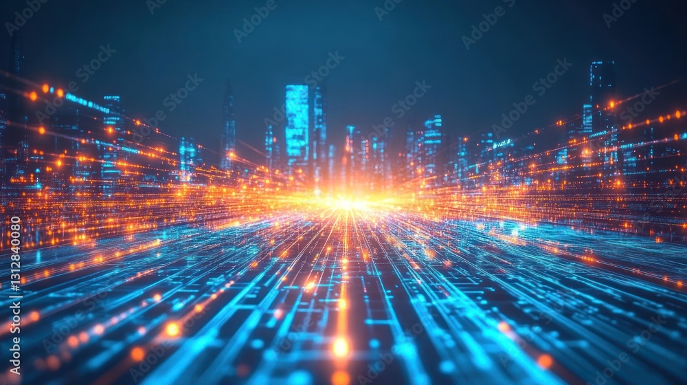 Poster digital network connection with glowing lights and cityscape background