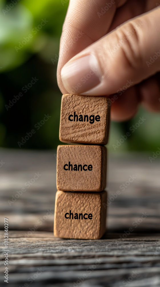 Aufkleber hand stacking wooden blocks spelling chance and change, symbolizing transformational possibilities e