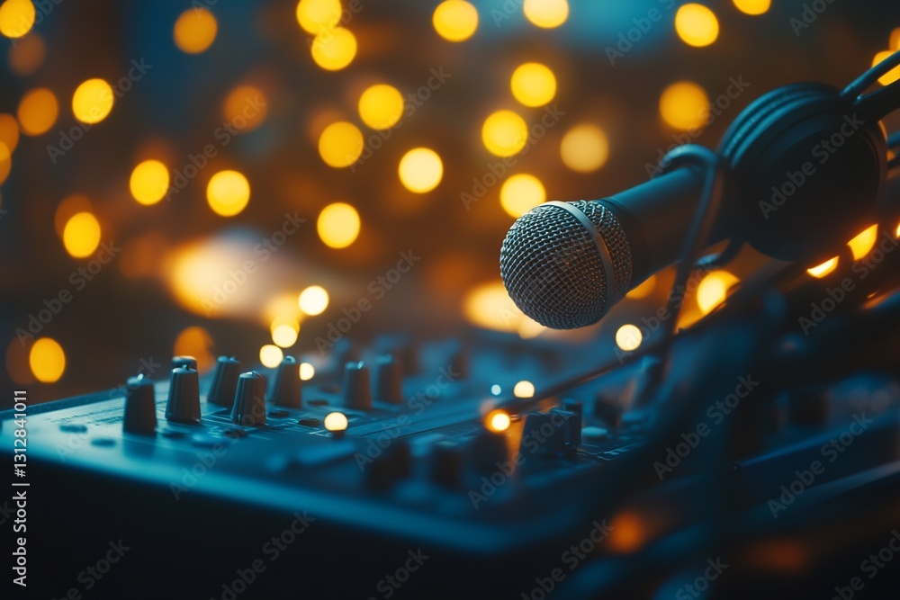 Poster close-up of microphone and audio mixer with bokeh lights.