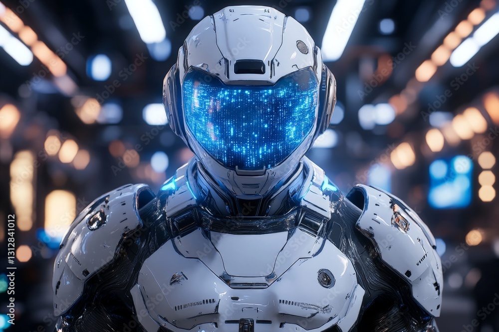 Poster futuristic robot in advanced armor standing in high-tech environment with glowing interface