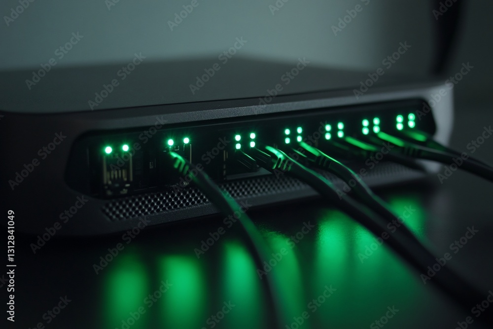Poster close-up of a network router with ethernet cables connected, glowing green indicator lights.