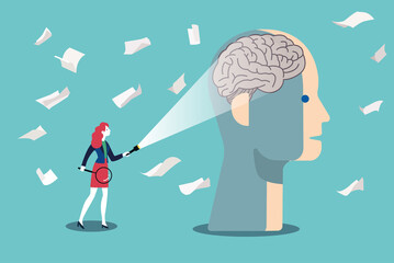 Psychologist woman holding flashlight and magnifying glass exploring human mind, symbolizing exploration of mental health through psychotherapy.