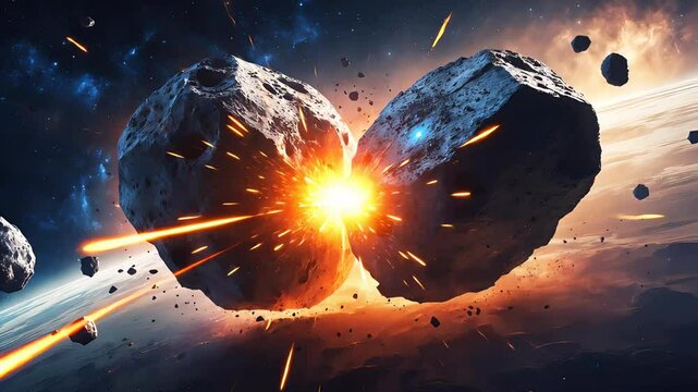 Massive asteroid colliding with another space rock in a dramatic cosmic explosion
