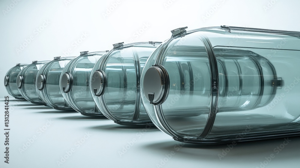 Poster series of transparent glass containers arranged in a row on a minimalistic background