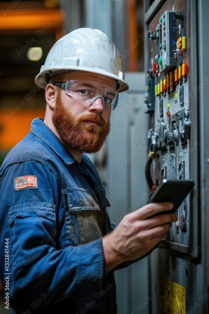 Poster industrial worker operating control panel in a busy factory environment