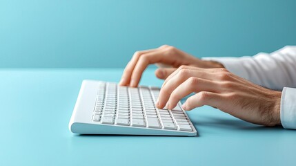 Data Entry Operator Hands typing on a modern white keyboard.