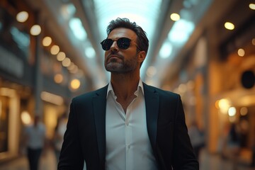 Confident man in suit and sunglasses walks through upscale shopping area during late afternoon