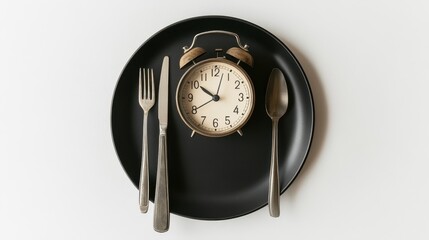 Naklejka premium An alarm clock placed on a black plate with a fork and knife, isolated on a white background.