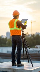 Construction Worker Using Tablet on Tripod Cityscape Background