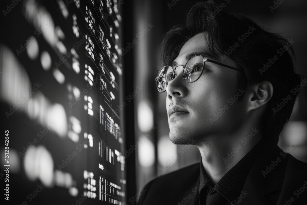 Poster professional man analyzing data on a digital screen in a modern office setting during the evening