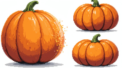 8-Bit Pixel Large Pumpkin &ndash; Retro Fall Art &ndash; Multiple Angles Pixelated Design &ndash; Isolated on White Background &ndash; Classic Pixel Harvest Illustration