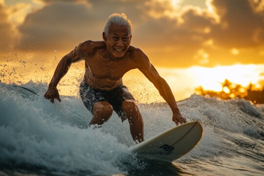 Older man joyfully surfing at sunset by the beach showcasing skill and passion for the sport