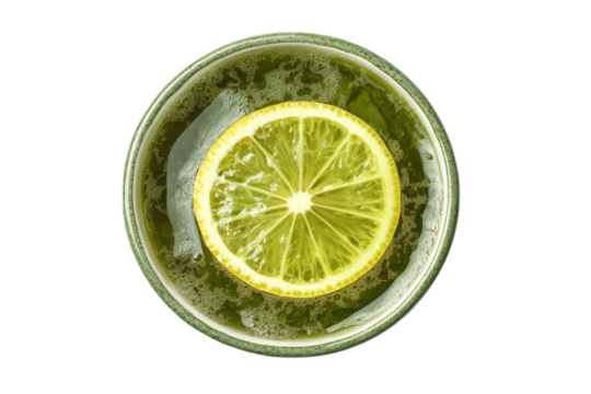 Refreshing beverage with lime slice in a clear bowl filled with bubbling liquid on a light background