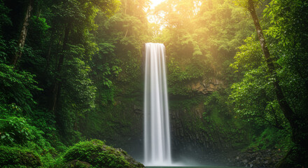 A Stunning Waterfall Surrounded By Lush Green Tropical Foliage In Vibrant Nature Photography