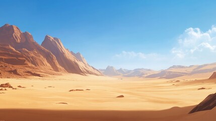 Fototapeta premium Expansive desert landscape with majestic mountains under a clear blue sky.