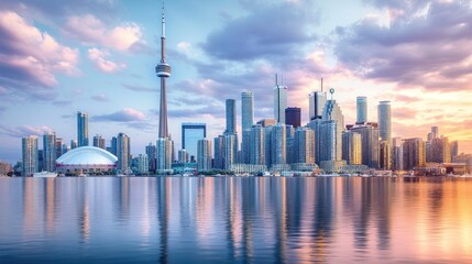 Fototapeta premium Cityscape view of tall buildings reflecting in the calm water