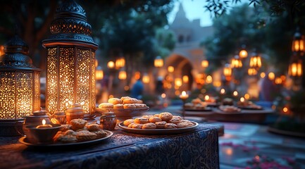 Obraz premium Outdoor Dining Setting with Lanterns, Tableware, and Pastries