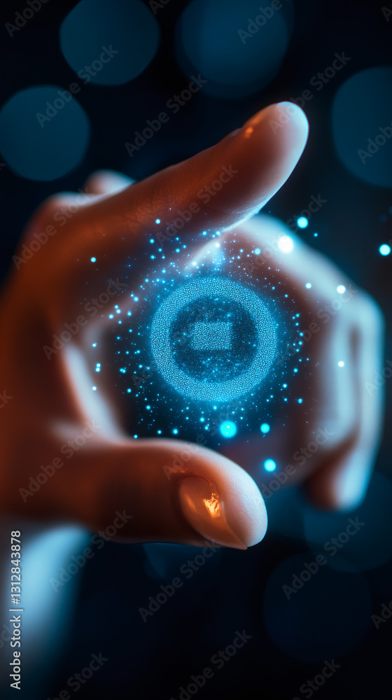 Poster Hand interacting with a futuristic holographic interface showing a digital stop button, concept of control, technology and innovation