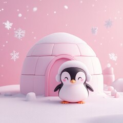 Cute cartoon penguin standing near a pink igloo in a snowy landscape.