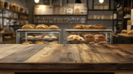 An empty wooden table in the foreground with a blurred bakery display in the background.