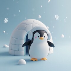 Cute 3D penguin wearing headphones near an igloo in a snowy scene.