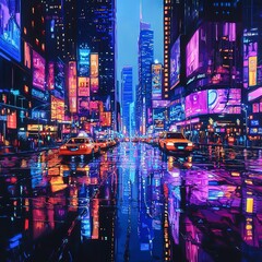 Futuristic cityscape at night, glowing neon lights reflecting off wet streets, towering skyscrapers, vibrant and dynamic, ultra-detailed, sci-fi aesthetic