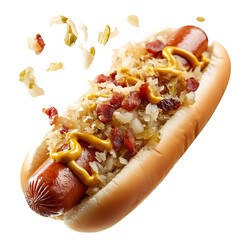 A Delicious Hot Dog with Sauerkraut Onions and Mustard Isolated on Transparent Background