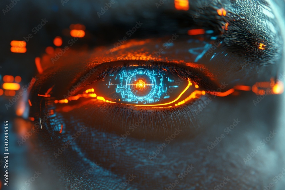 Poster futuristic close-up of a cybernetic eye reflecting digital patterns and glowing circuits in a sci-fi