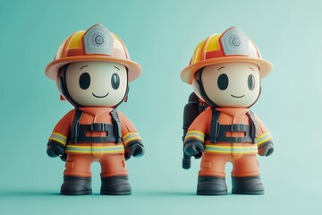 Two cute cartoon firefighters in uniform, one with an oxygen tank.