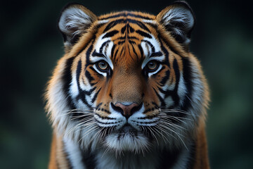Majestic tiger with intense eyes and striped fur in a close-up portrait