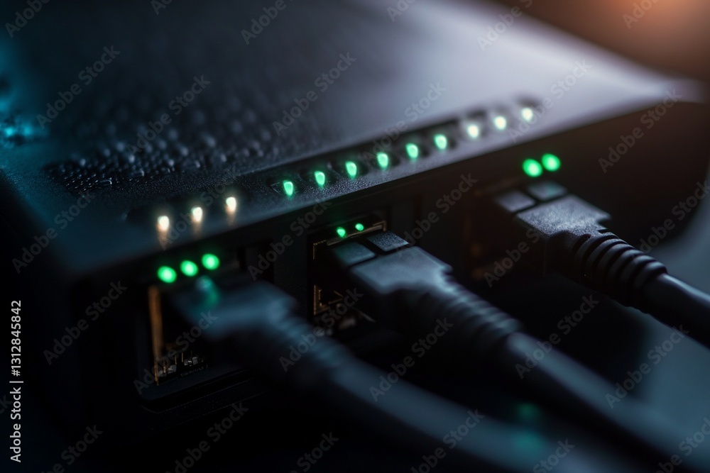 Poster close-up of network switch with ethernet cables and glowing lights.