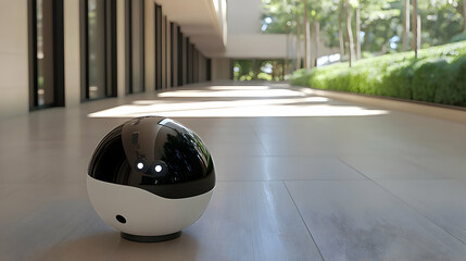 Black and White Sphere Robot in Modern Building Hallway