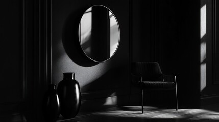 Dark room interior with round mirror, chair, and vases.