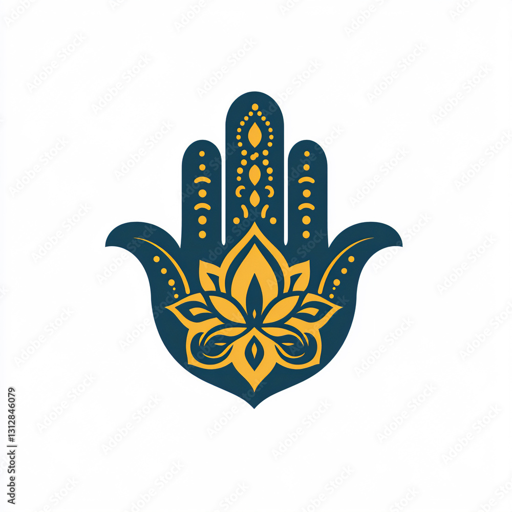 Aufkleber logo design featuring a simple shape of a hamsa hand with a lotus pattern,