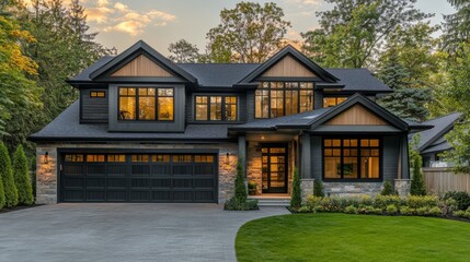 Modern suburban home with an open floor plan, large garage, and a landscaped yard 