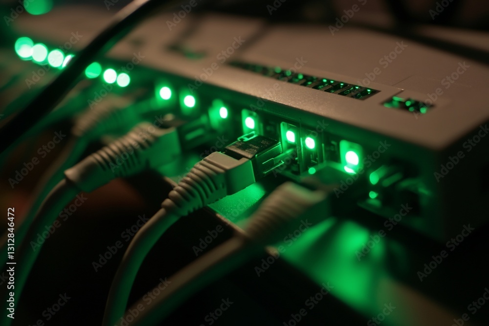 Poster close-up of network router with glowing green lights and ethernet cables connected.