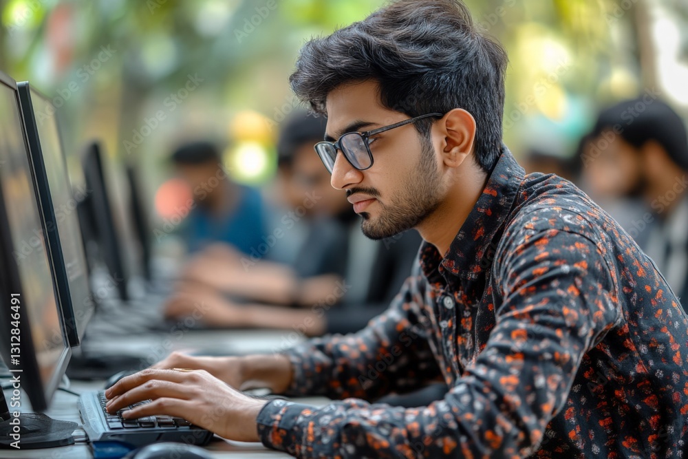 Poster focused student works diligently on computer in a busy public space during afternoon study session