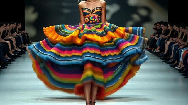 Radiant Runway: A model confidently strides down a catwalk, adorned in a vibrant, multicolored gown that exudes an aura of vivacity and style, while audience, immersed in the fashion show. 