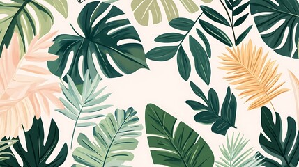 Lush tropical leaves in various greens, peaches, and yellows on white background