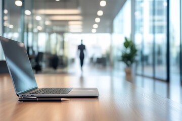Laptop on modern office desk with blurred background of person walking in hallway.