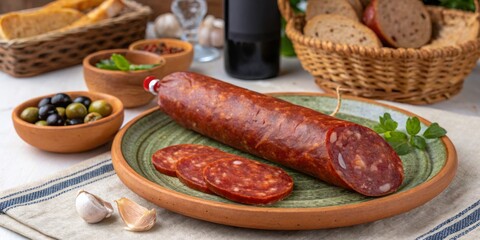 Sliced cured sausage served on a rustic plate with olives and herbs in a cozy kitchen setting