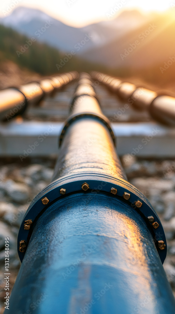 Poster close-up of a large water pipeline stretching across a mountainous landscape, illuminated by the war